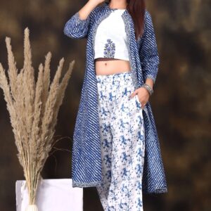 Women's Printed Long Shrug with Crop Top & Printed Pant Set