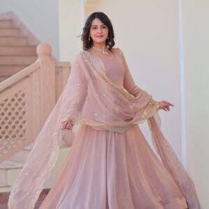 Premium Fendy Chiffon Gown with Sequins & Zari Embroidered Dupatta | Elegant Partywear