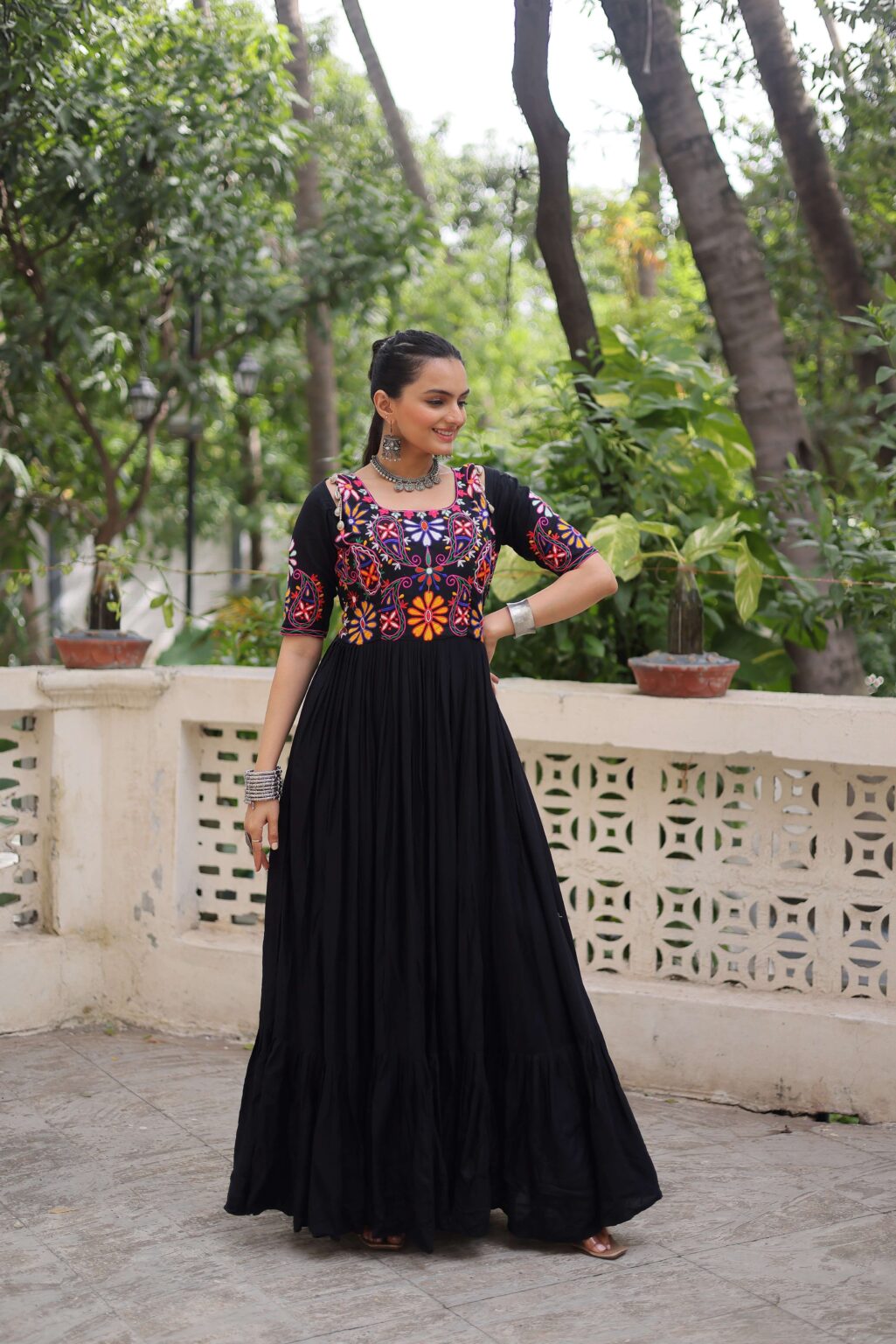 Reyon Navratri Gown with Kutchi Gamthi Embroidery & Gathering Frill | Elegant Ethnic Wear for Women | Ready To Wear