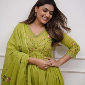 Women’s Cotton Embroidered Long Anarkali Kurti with pant and Dupatta Set