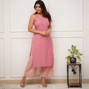 Women’s Cotton Printed Sleeveless Straight Kurti With Pant Set