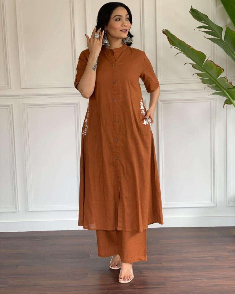 Women’s Cotton Embroiderd Long A-Line Kurti with Palazzo - Image 5