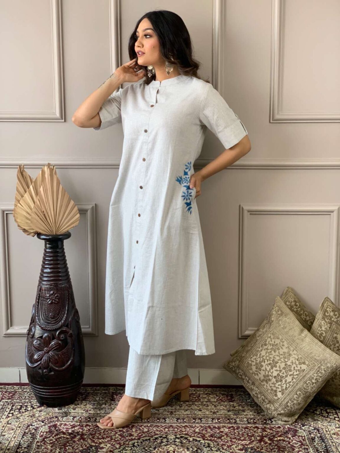 Women’s Cotton Embroiderd Long A-Line Kurti with Palazzo - Image 14