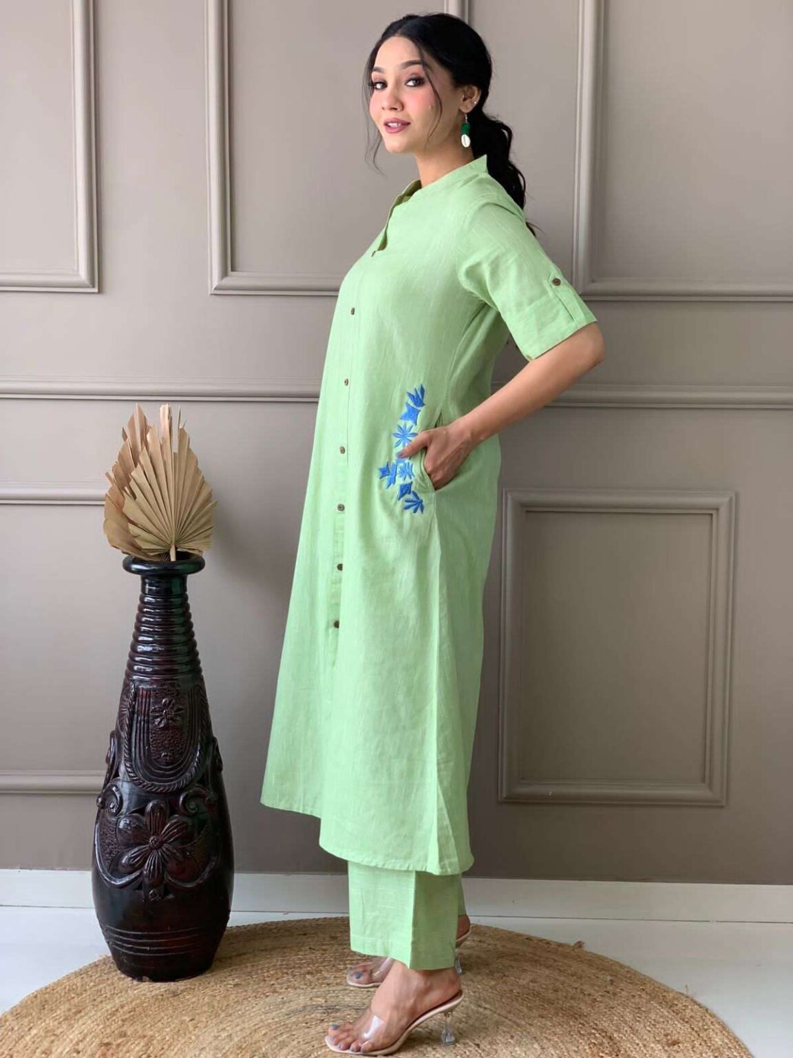 Women’s Cotton Embroiderd Long A-Line Kurti with Palazzo - Image 22