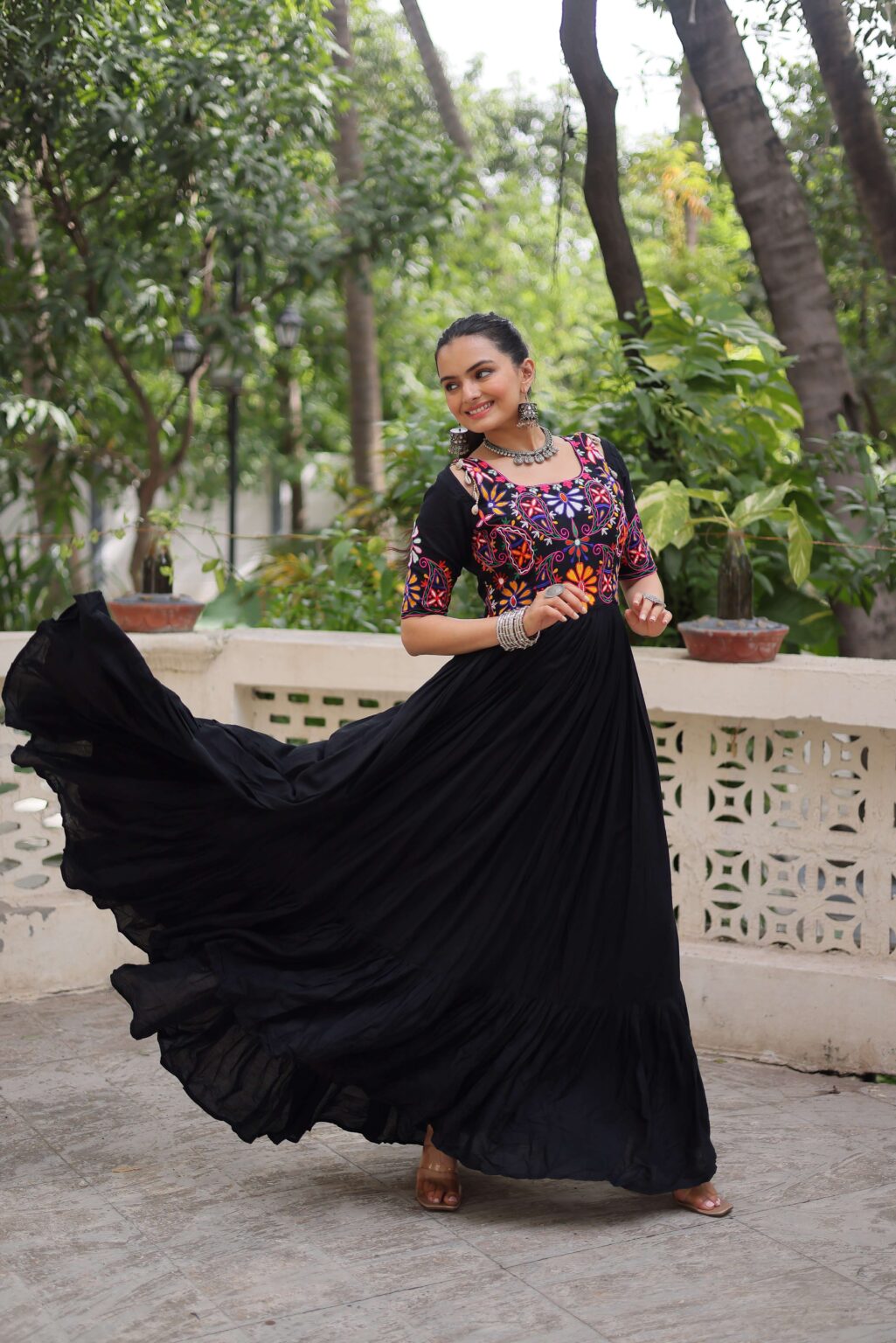 Reyon Navratri Gown with Kutchi Gamthi Embroidery & Gathering Frill | Elegant Ethnic Wear for Women | Ready To Wear - Image 3