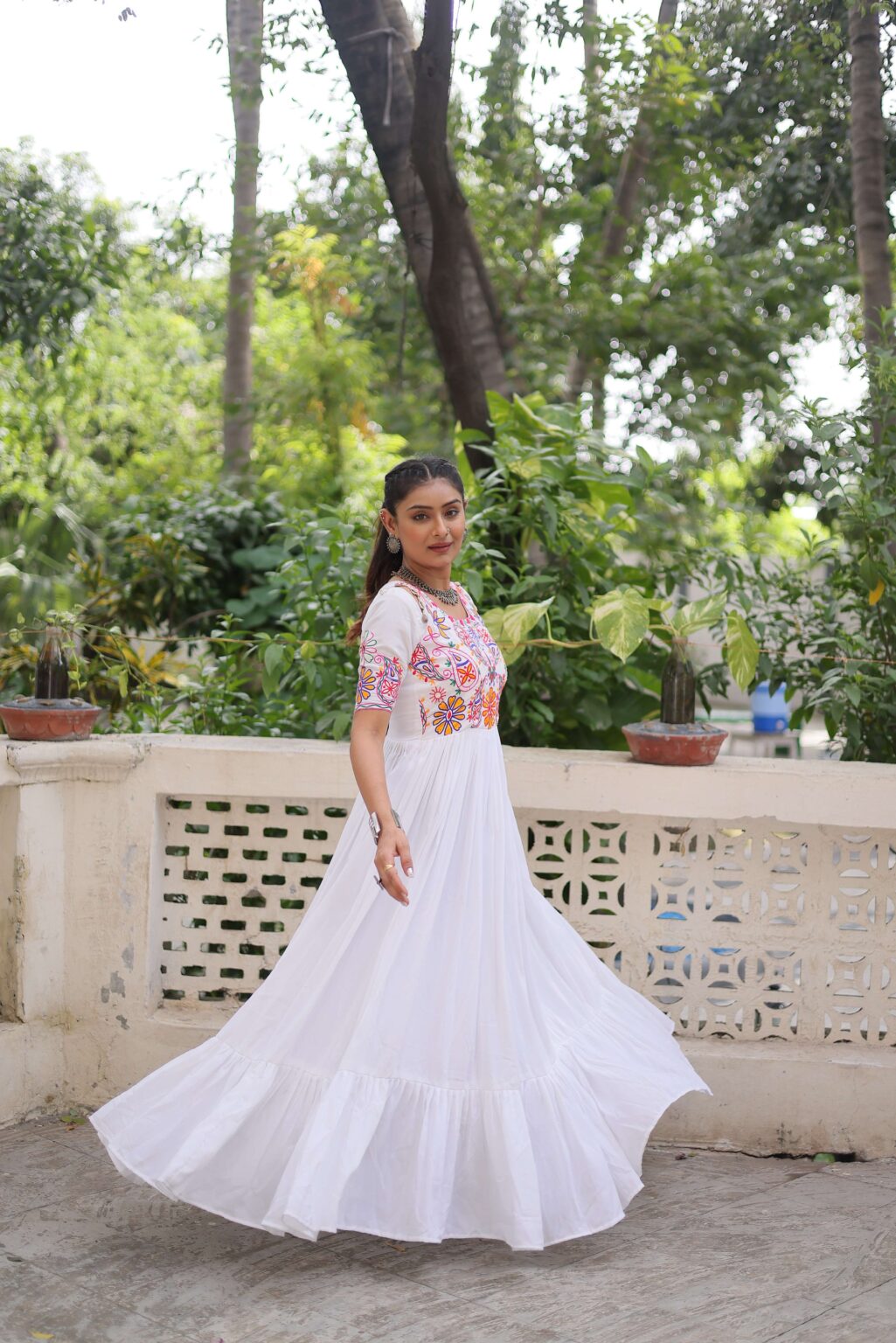 Reyon Navratri Gown with Kutchi Gamthi Embroidery & Gathering Frill | Elegant Ethnic Wear for Women | Ready To Wear - Image 10