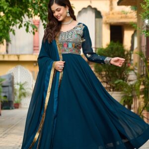 Elegant Faux Blooming Designer Gown with Sequins , Multi-Thread Embroidery & Ethnic Dupatta Set