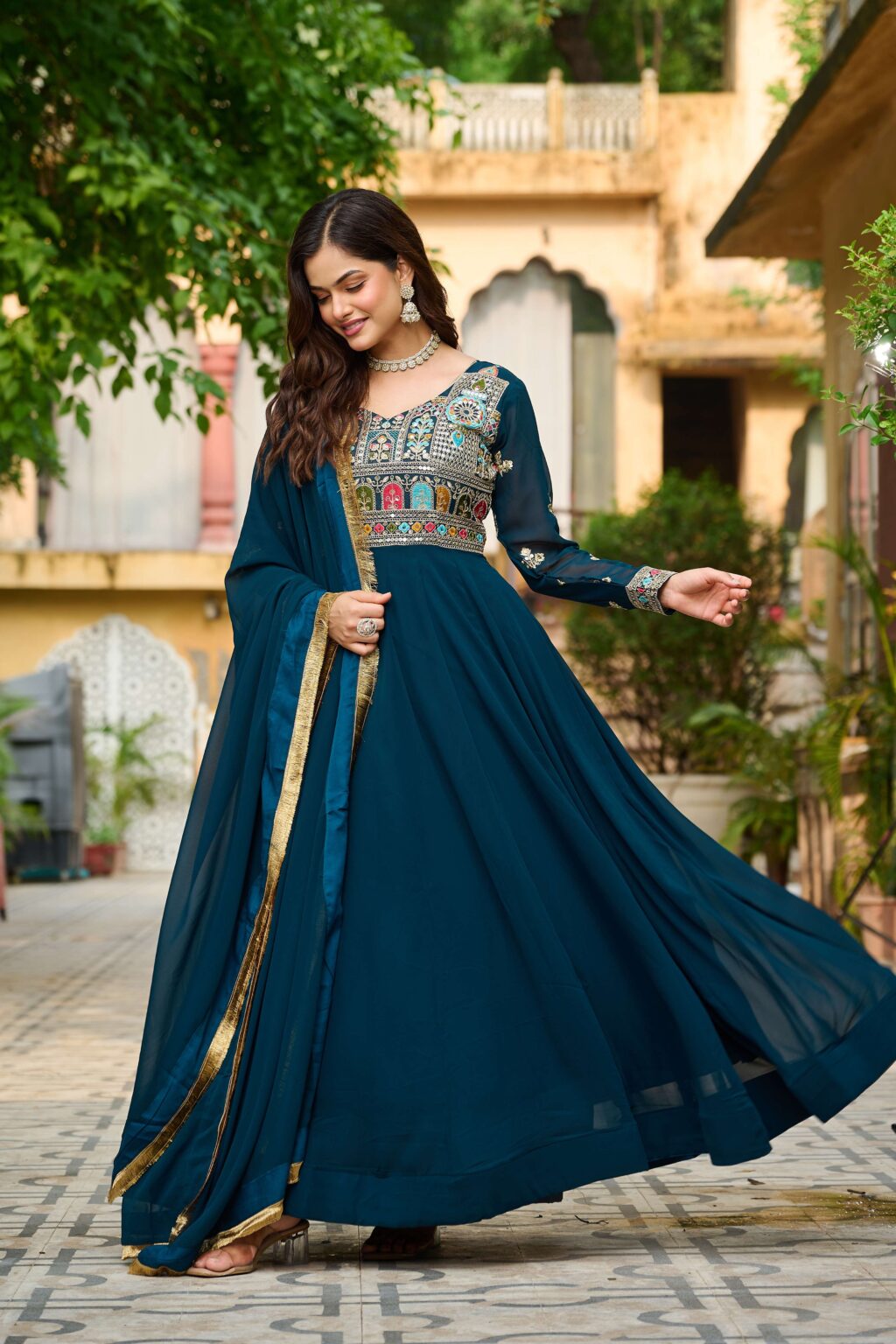 Elegant Faux Blooming Designer Gown with Sequins , Multi-Thread Embroidery & Ethnic Dupatta Set