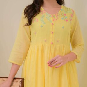 Women’s Cotton Embroidered Anarkali Kurti With Pant and Dupatta set