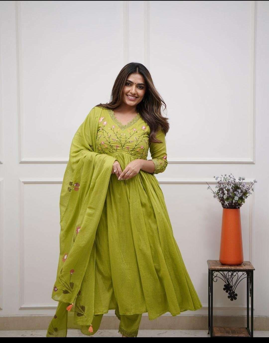 Women’s Cotton Embroidered Long Anarkali Kurti with pant and Dupatta Set - Image 2