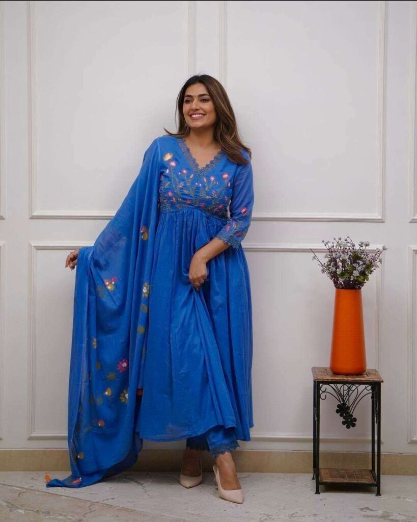 Women’s Cotton Embroidered Long Anarkali Kurti with pant and Dupatta Set - Image 5