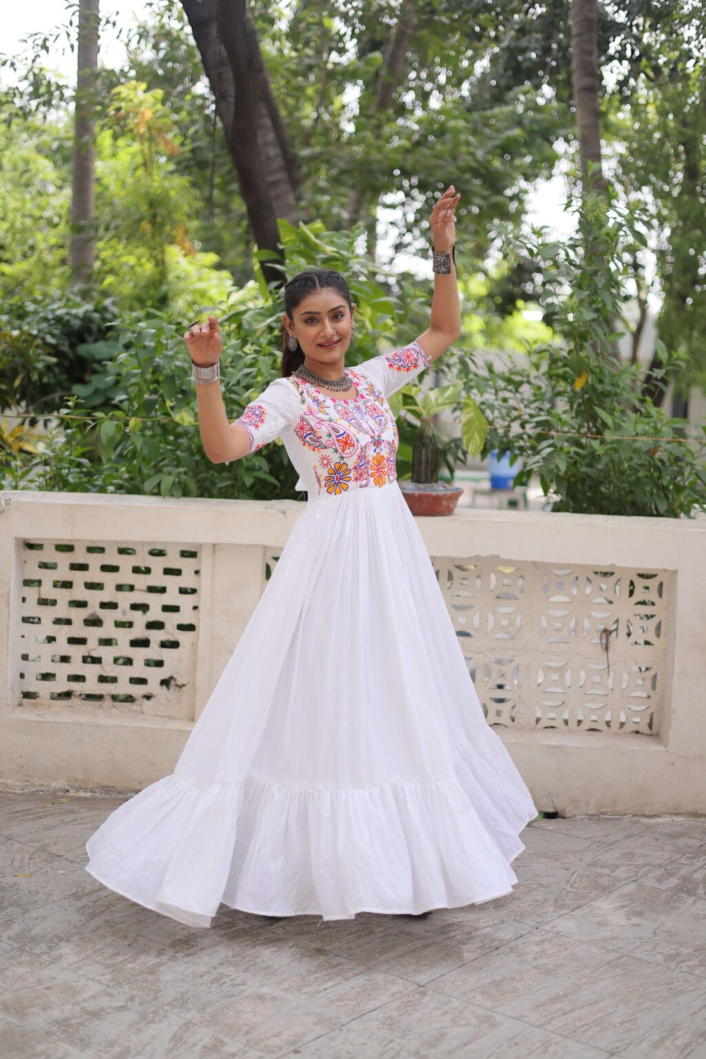 Reyon Navratri Gown with Kutchi Gamthi Embroidery & Gathering Frill | Elegant Ethnic Wear for Women | Ready To Wear - Image 11