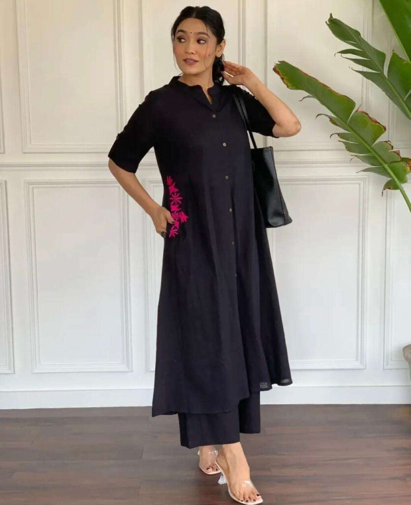 Women’s Cotton Embroiderd Long A-Line Kurti with Palazzo - Image 3