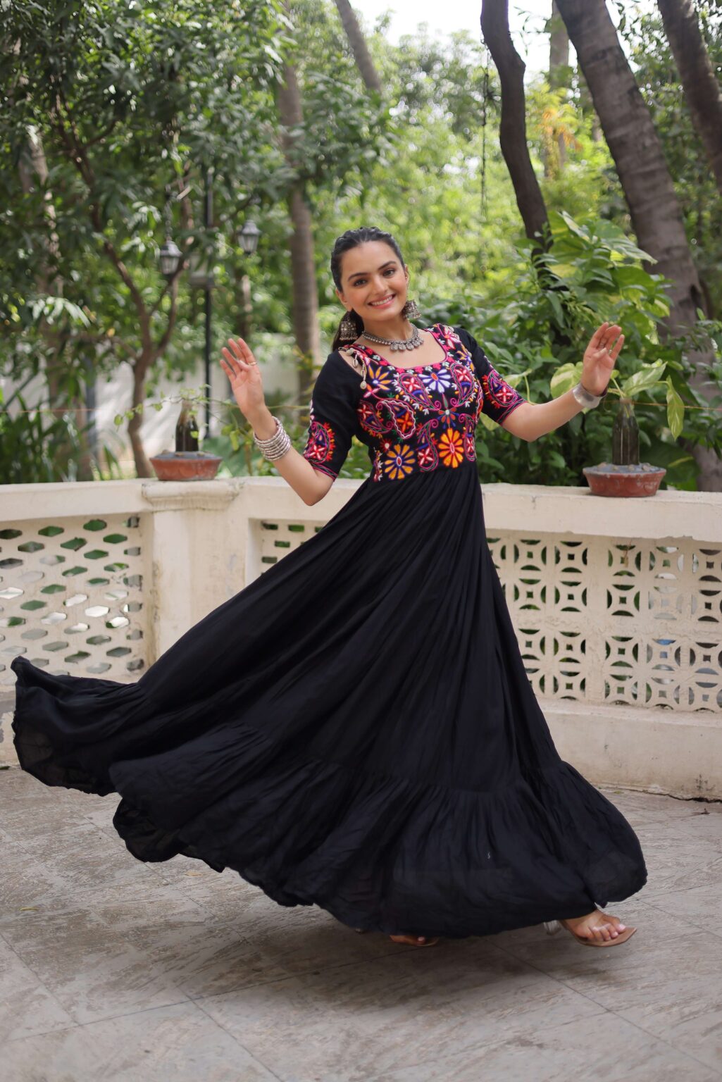 Reyon Navratri Gown with Kutchi Gamthi Embroidery & Gathering Frill | Elegant Ethnic Wear for Women | Ready To Wear - Image 5