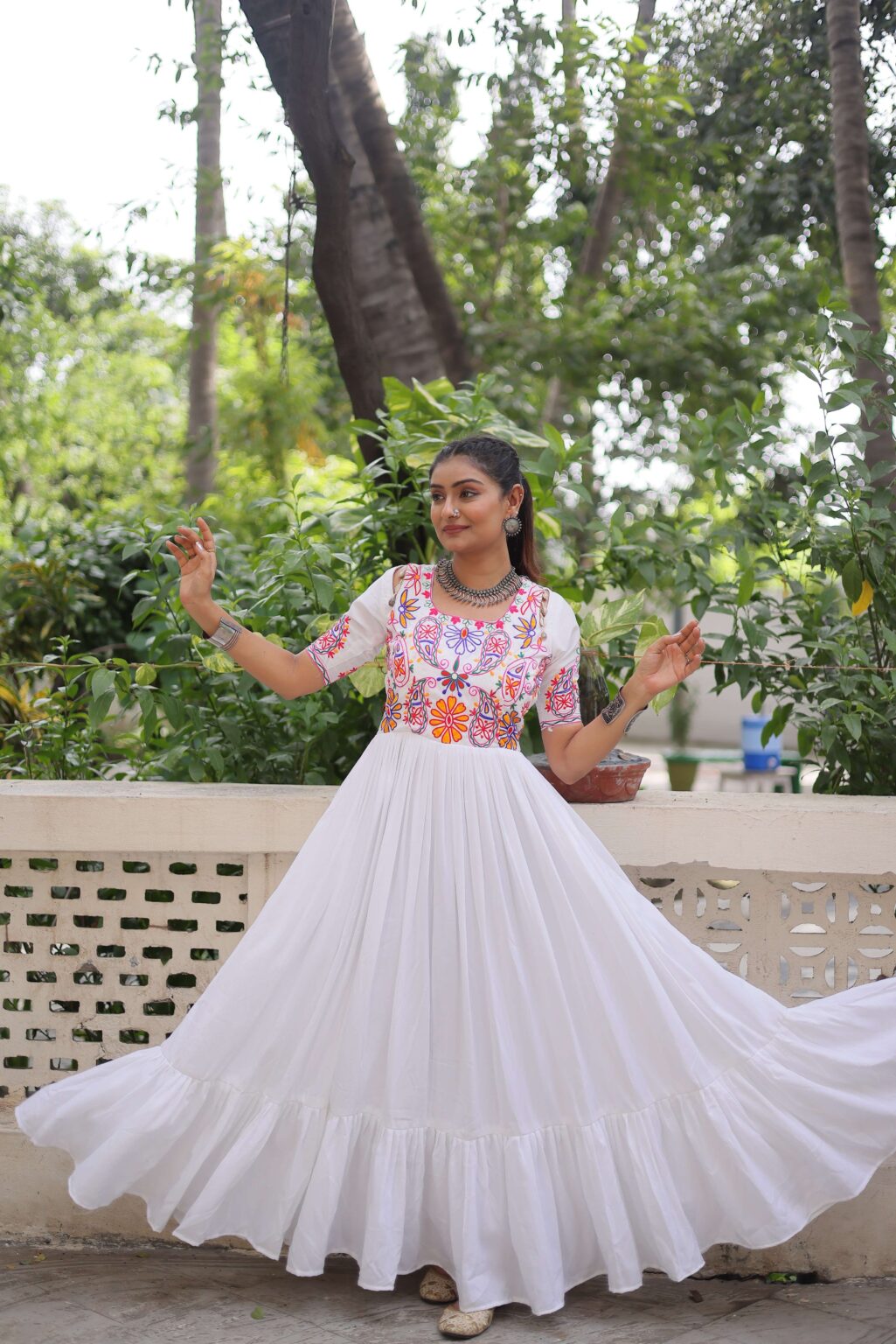 Reyon Navratri Gown with Kutchi Gamthi Embroidery & Gathering Frill | Elegant Ethnic Wear for Women | Ready To Wear - Image 12