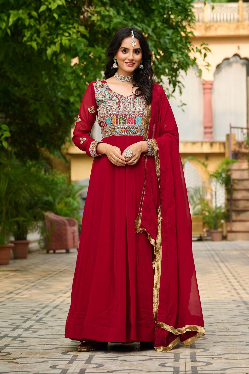 Elegant Faux Blooming Designer Gown with Sequins , Multi-Thread Embroidery & Ethnic Dupatta Set - Image 5