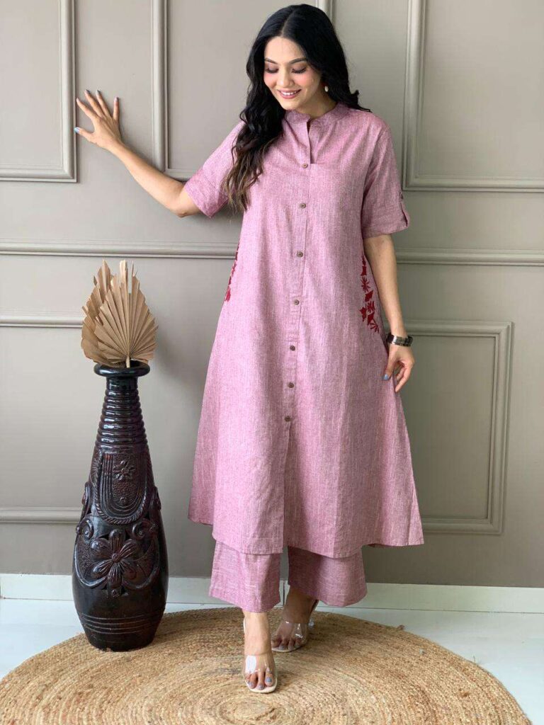 Women’s Cotton Embroiderd Long A-Line Kurti with Palazzo - Image 21