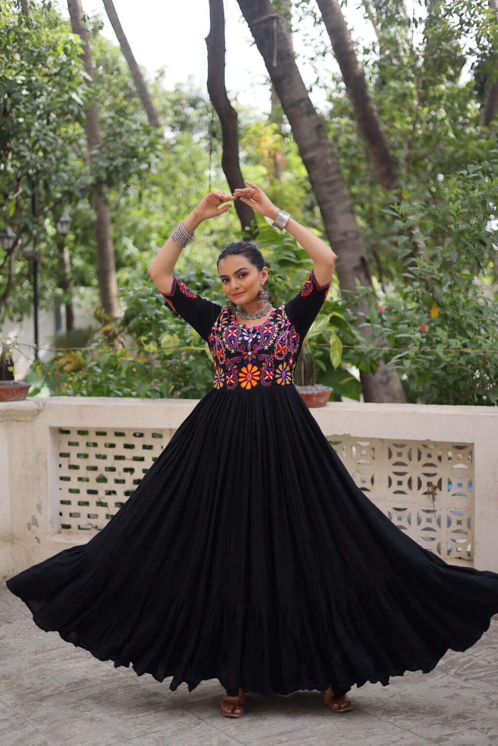 Reyon Navratri Gown with Kutchi Gamthi Embroidery & Gathering Frill | Elegant Ethnic Wear for Women | Ready To Wear - Image 6
