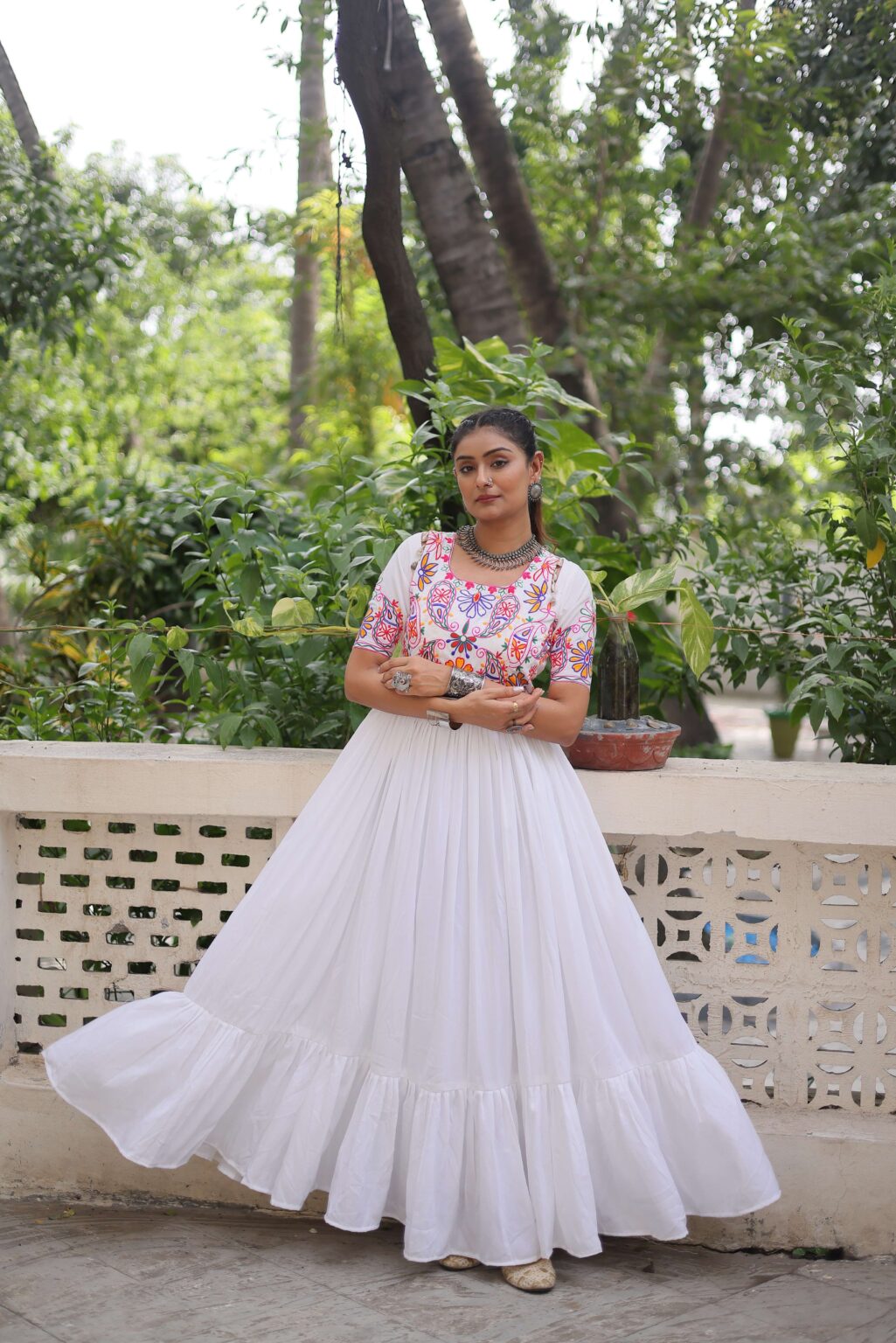 Reyon Navratri Gown with Kutchi Gamthi Embroidery & Gathering Frill | Elegant Ethnic Wear for Women | Ready To Wear - Image 13