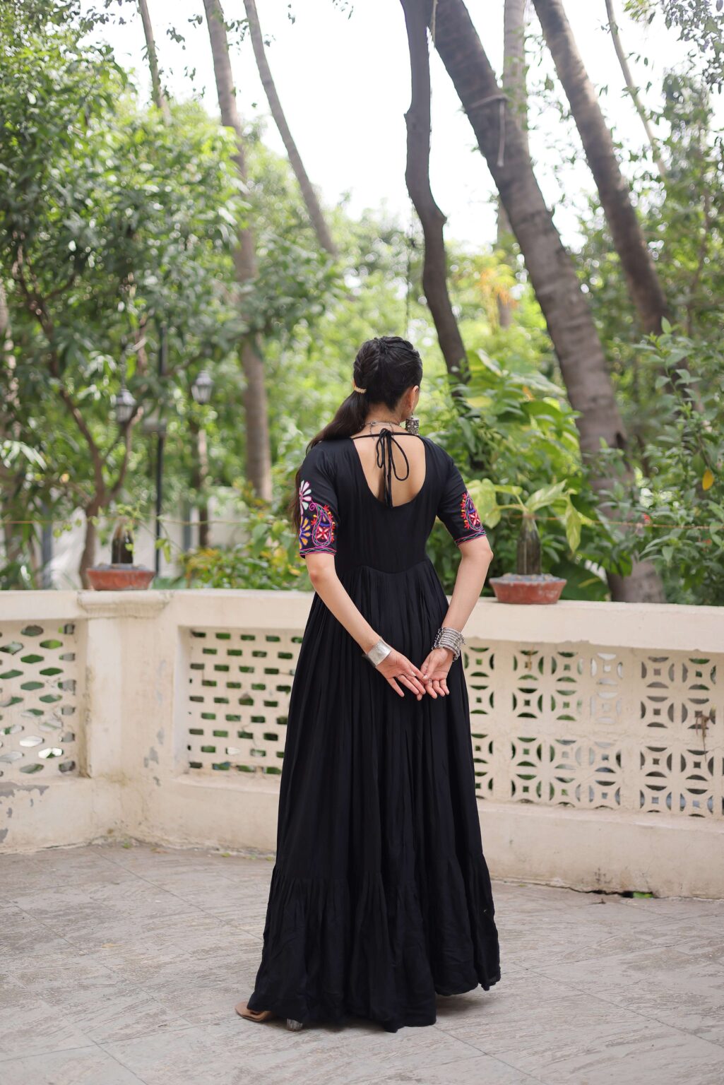 Reyon Navratri Gown with Kutchi Gamthi Embroidery & Gathering Frill | Elegant Ethnic Wear for Women | Ready To Wear - Image 8