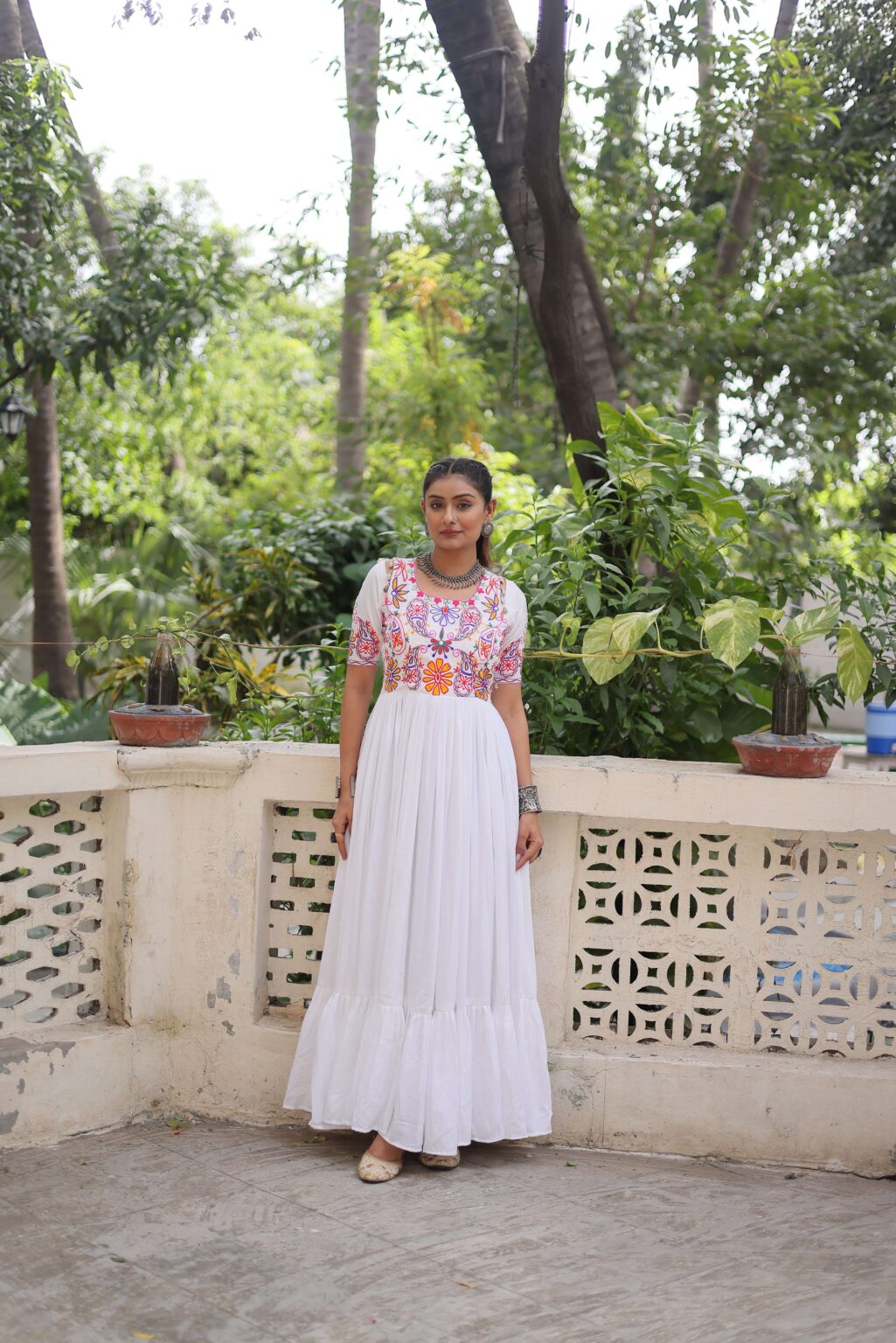 Reyon Navratri Gown with Kutchi Gamthi Embroidery & Gathering Frill | Elegant Ethnic Wear for Women | Ready To Wear - Image 15