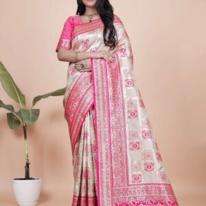 Silk Saree with Silver Zari | Wedding, Party & Traditional Wear | Elegant Banarasi Saree with Contrast Pallu