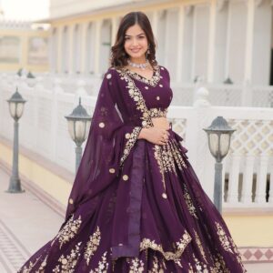 Wine Georgette Lehenga Choli with Sequins Embroidered Dupatta