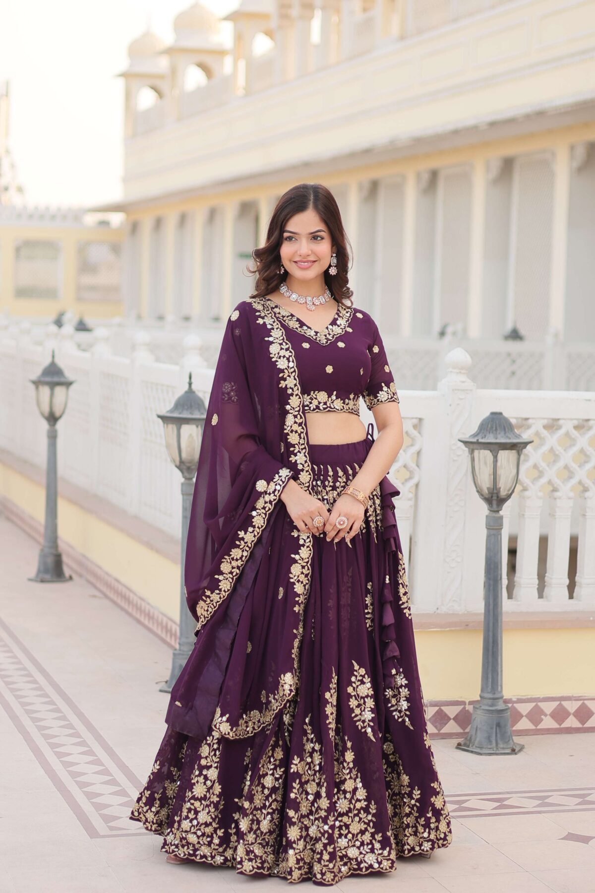 Wine Georgette Lehenga Choli with Sequins Embroidered Dupatta - Image 3