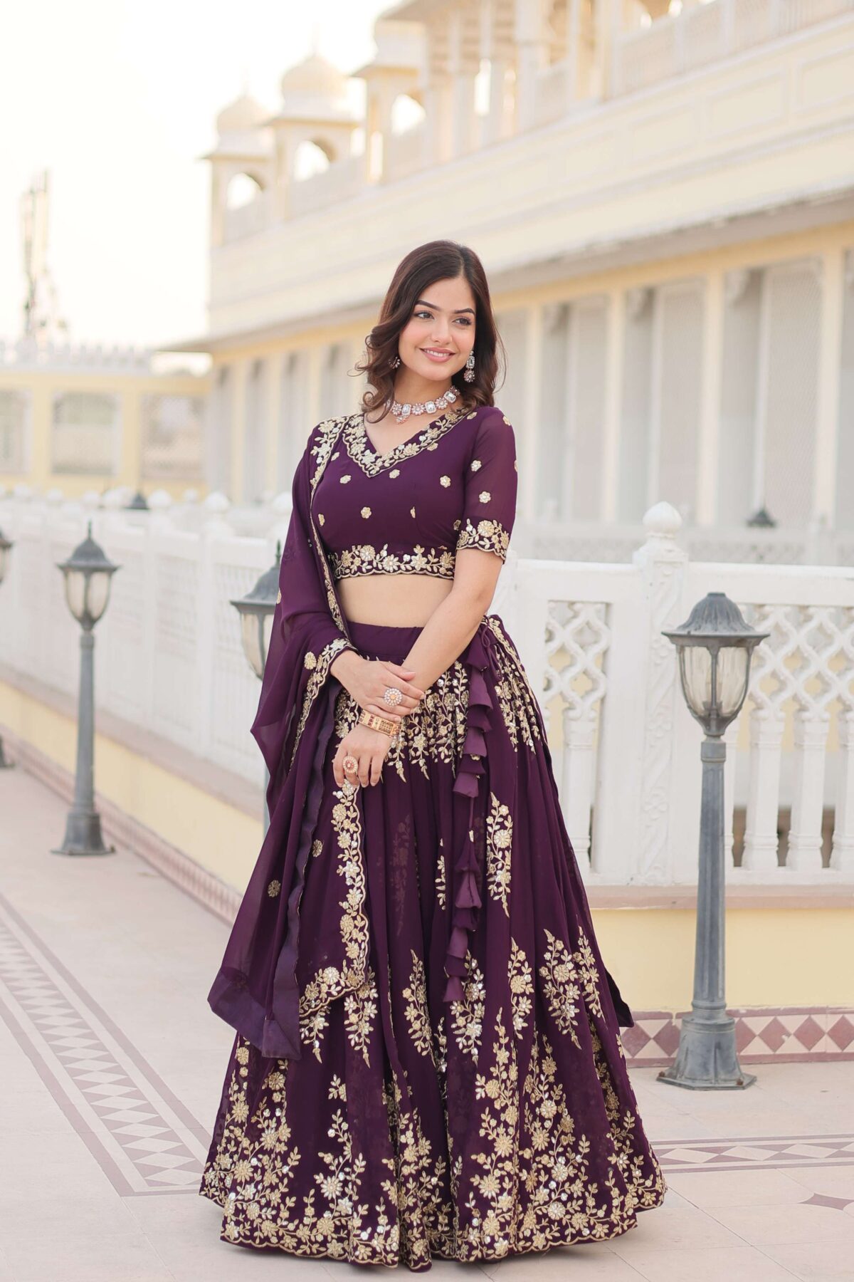 Wine Georgette Lehenga Choli with Sequins Embroidered Dupatta - Image 4