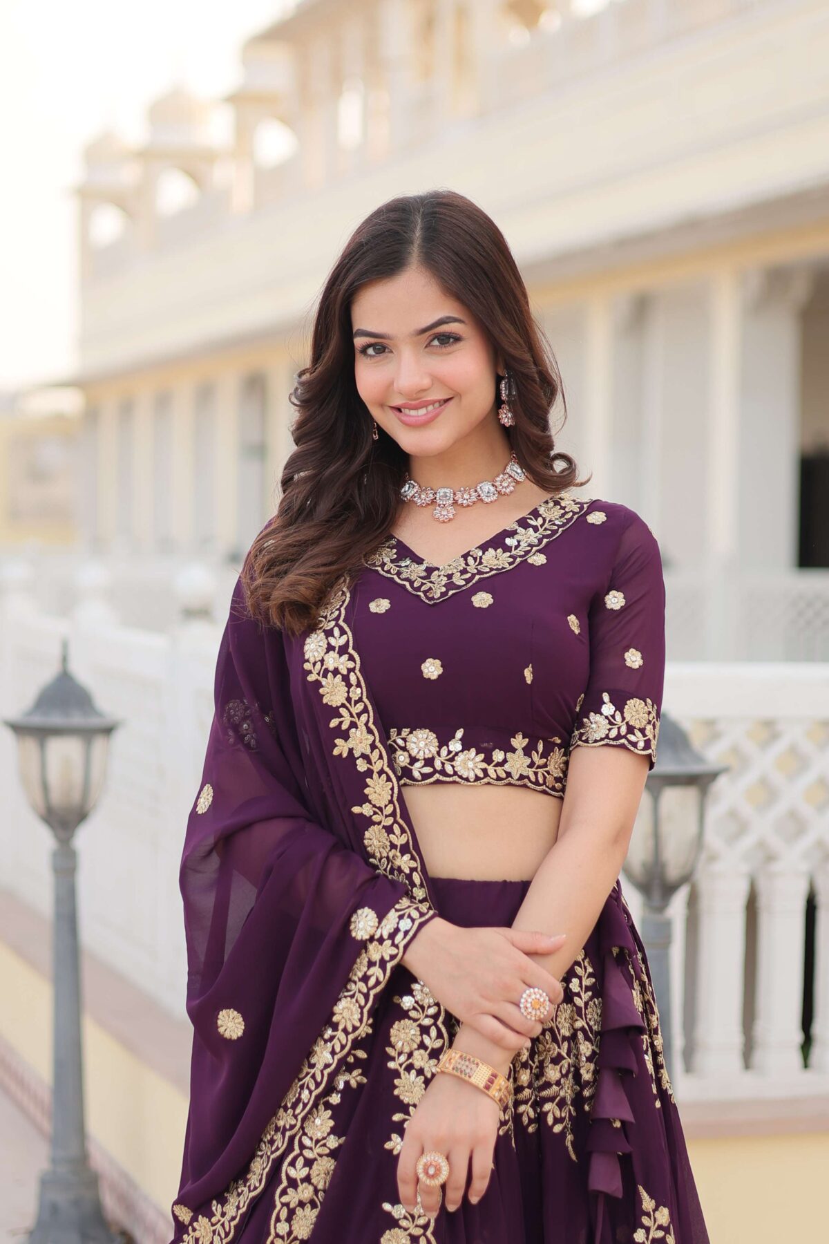 Wine Georgette Lehenga Choli with Sequins Embroidered Dupatta - Image 6