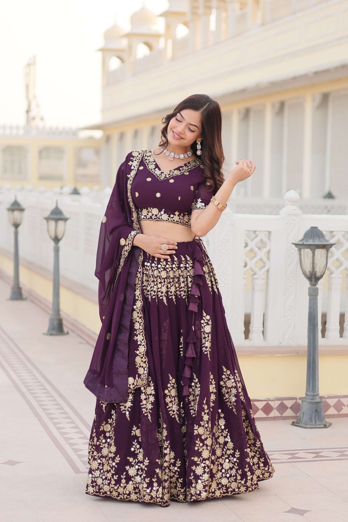 Wine Georgette Lehenga Choli with Sequins Embroidered Dupatta - Image 7