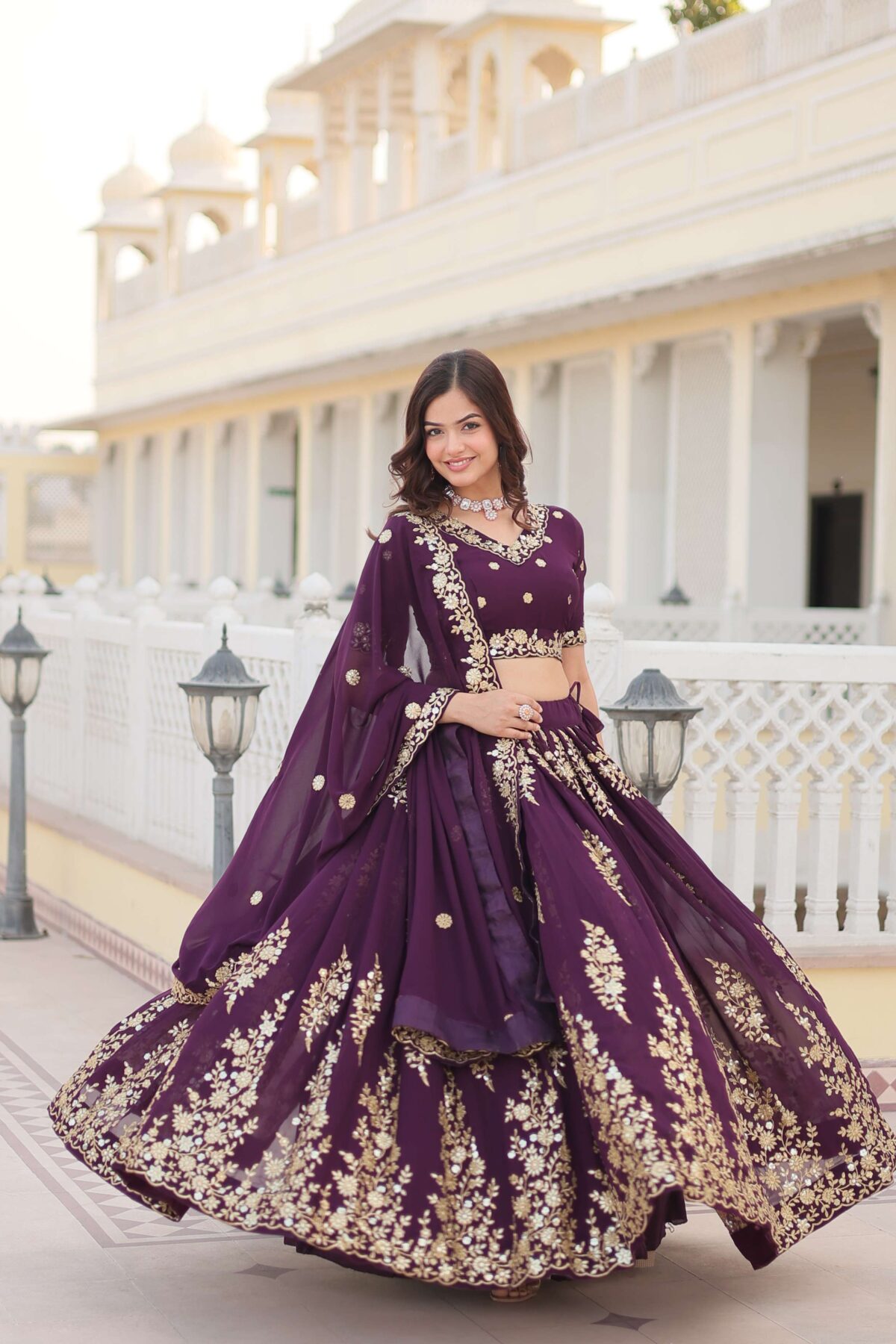 Wine Georgette Lehenga Choli with Sequins Embroidered Dupatta - Image 8
